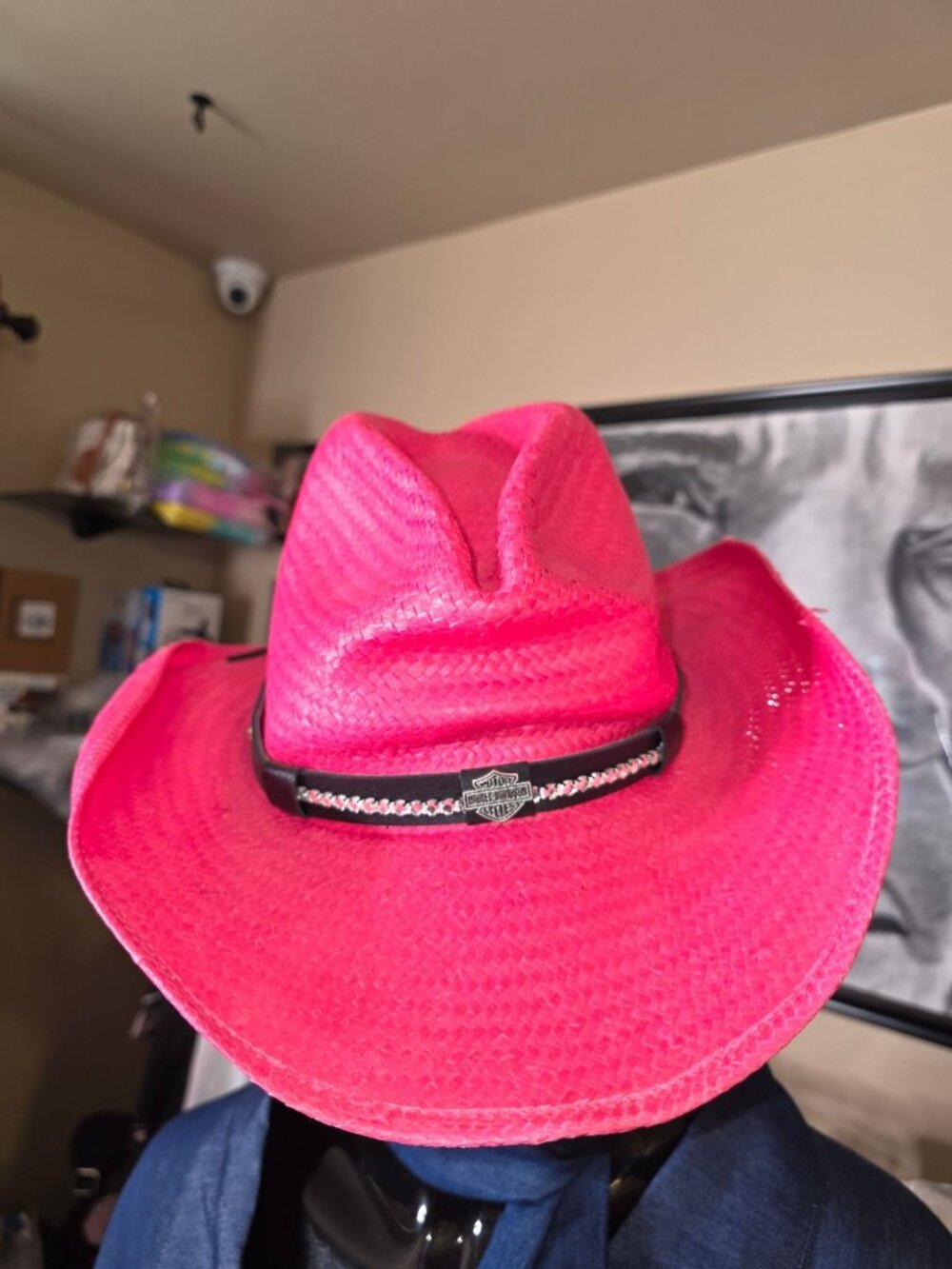 Harley-Davidson Womens Medium Pink Straw Cowboy Hat With Black & Silver Braided